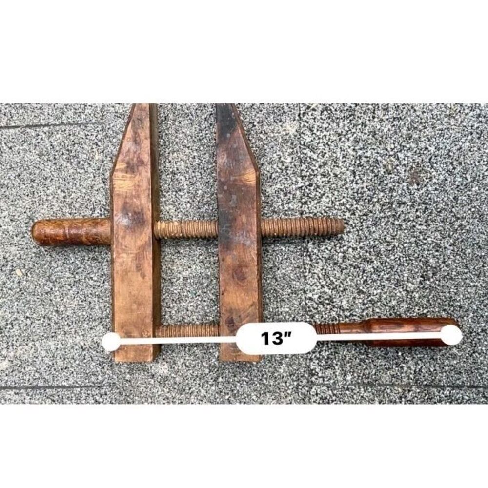 Antique  Wooden Hand Screw Wood Bench Leg Clamp Vise -Woodworking 13in